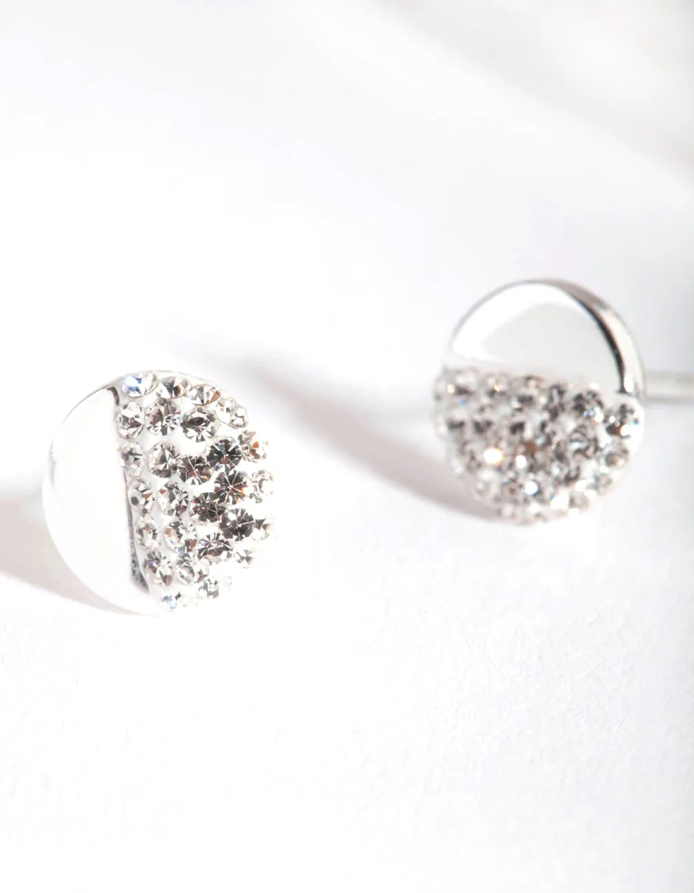 Sterling Silver Half Pave Diamante Stud Earrings