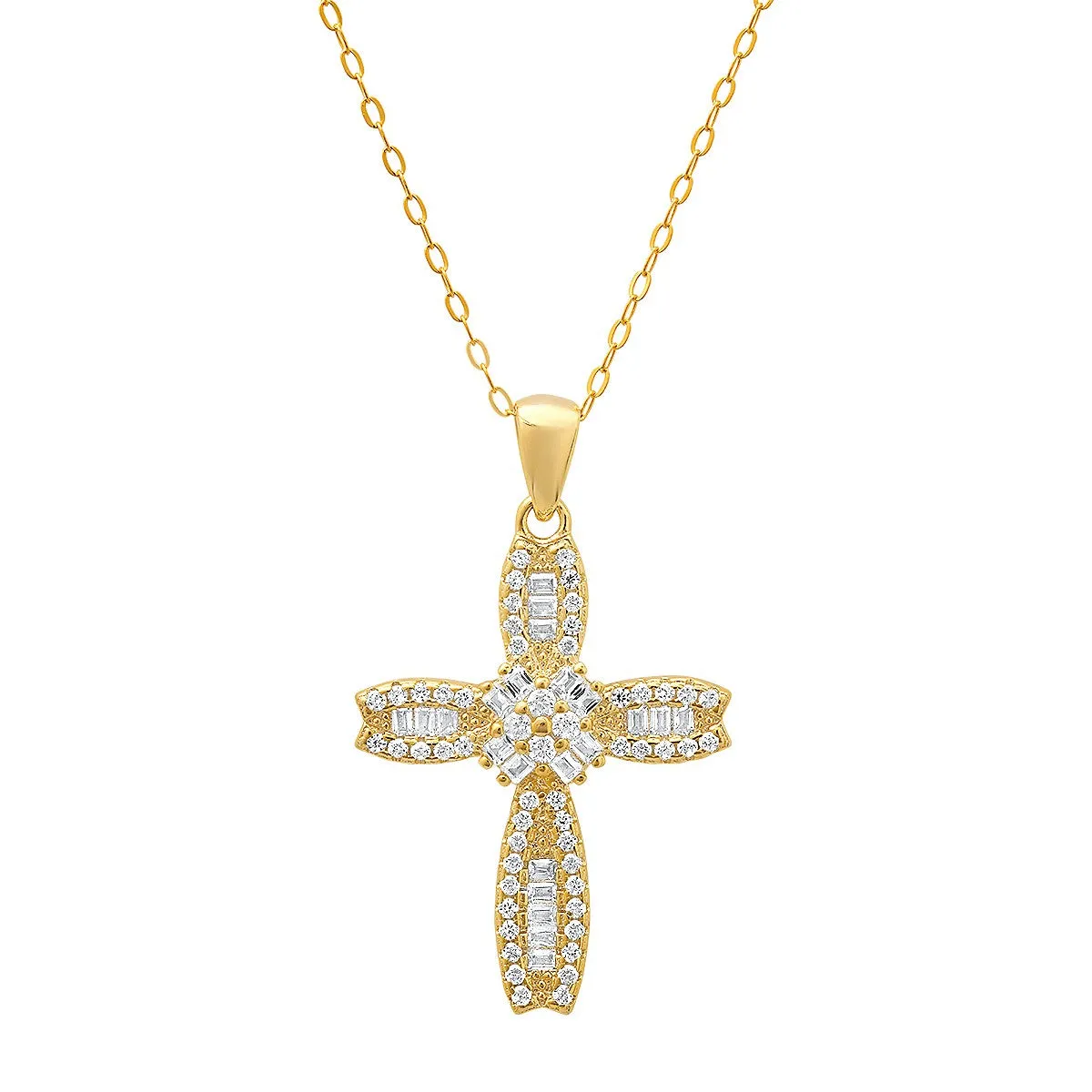 Sterling Silver Petite Luxurious Baguette-cut CZ Cross Pendant