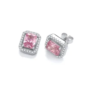 Sterling Silver Pink Baguette Cut Halo CZ Stud Earrings