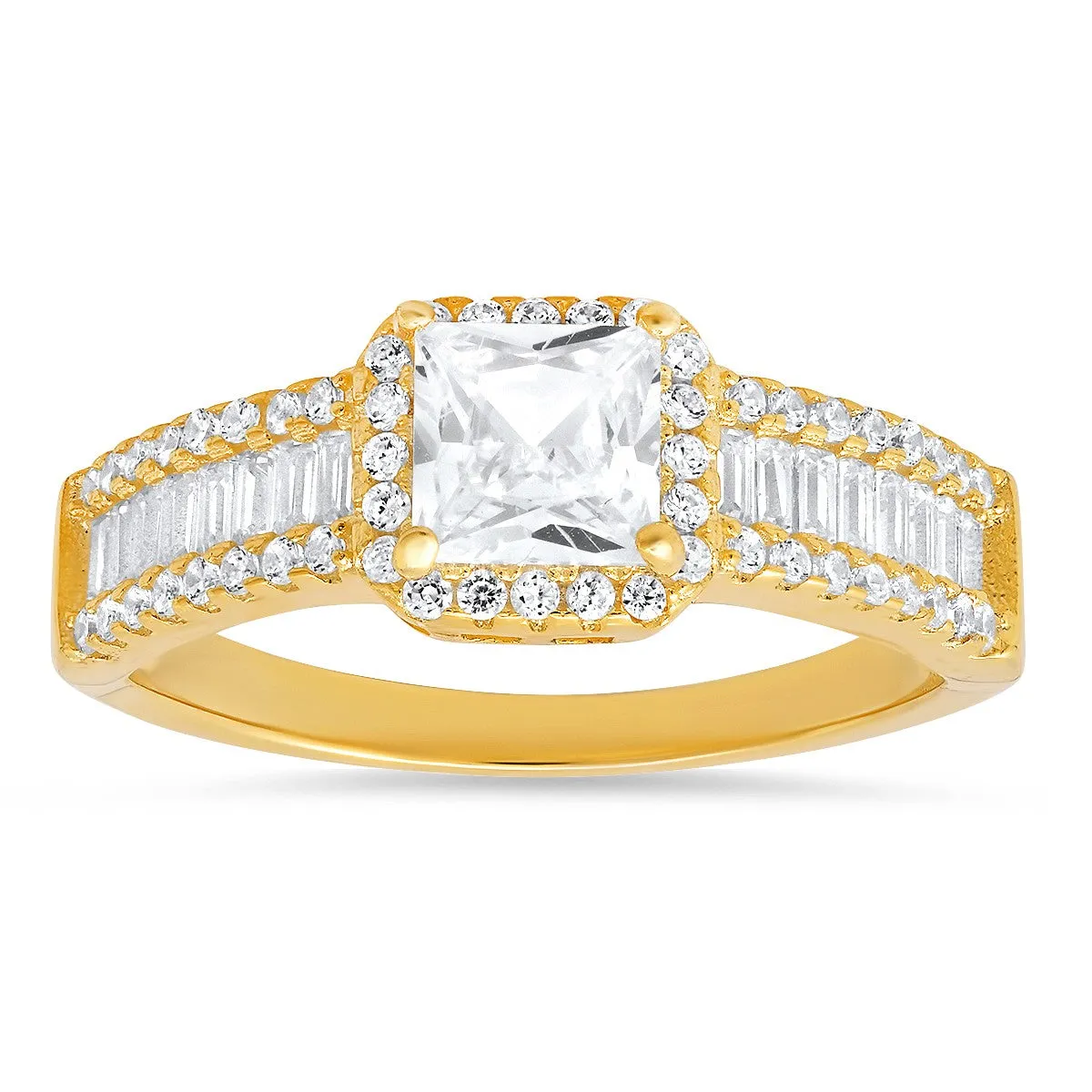 Sterling Silver Princess & Baguette-cut CZ Halo Ring