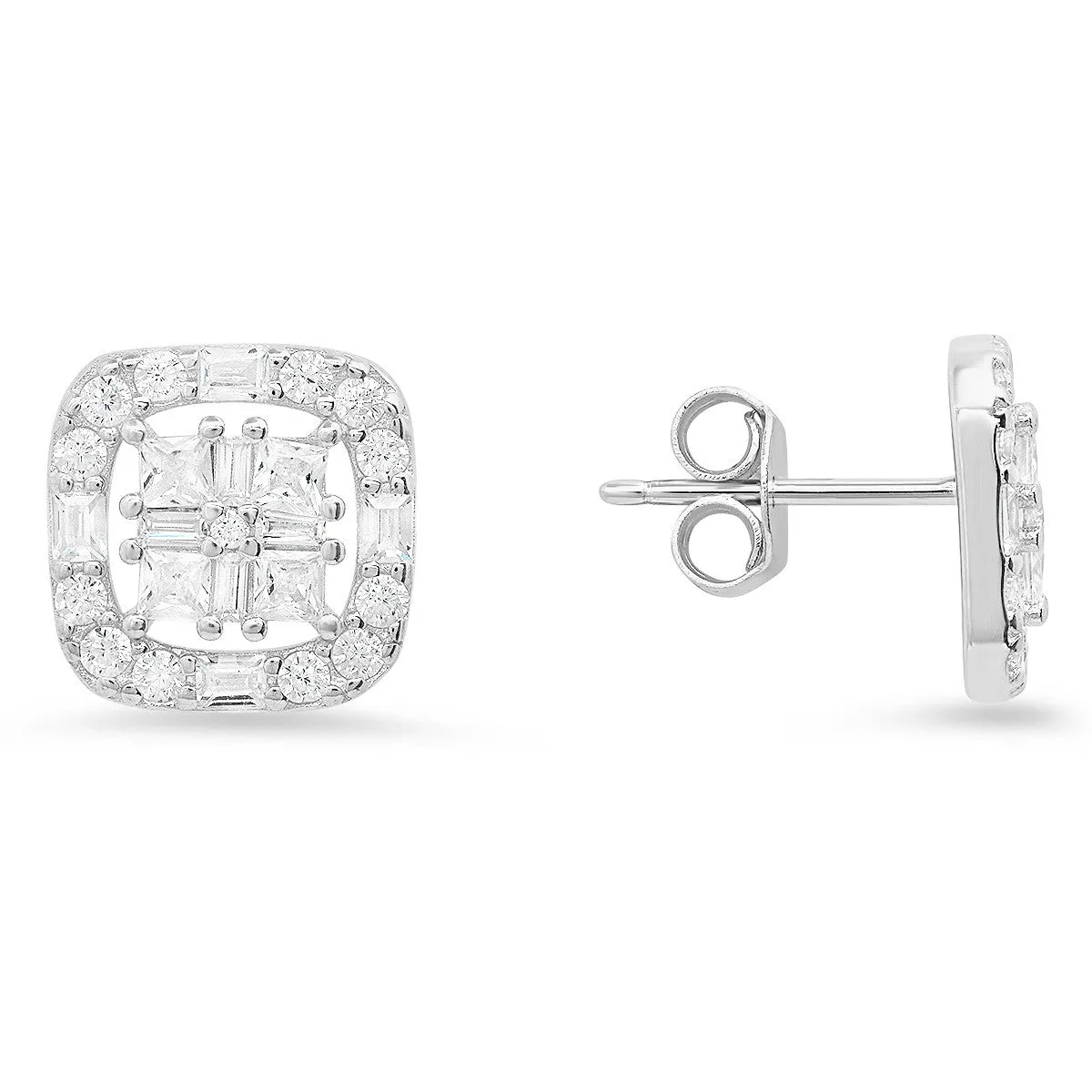 Sterling Silver Princess/Baguette CZ Halo Stud Earrings