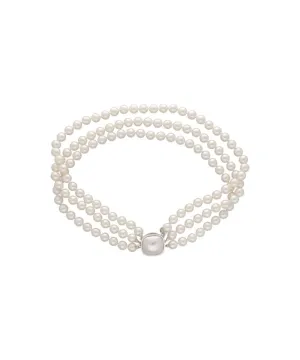 Sterling Silver Rhodium Plated Choker Necklace for Women with Organic Pearl, 8mm Round White Pearl, 15.3" Length, Luna Collection