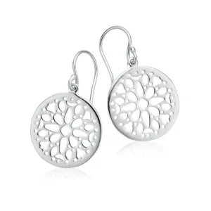 Sterling Silver Round Disk Filigree Drop Earrings