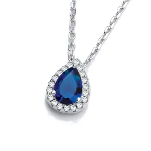 Sterling Silver Teardrop Halo Blue Sapphire CZ Necklace