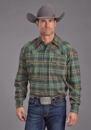 Stetson Mens Brushed Twill Plaid Green 100% Cotton L/S Shirt