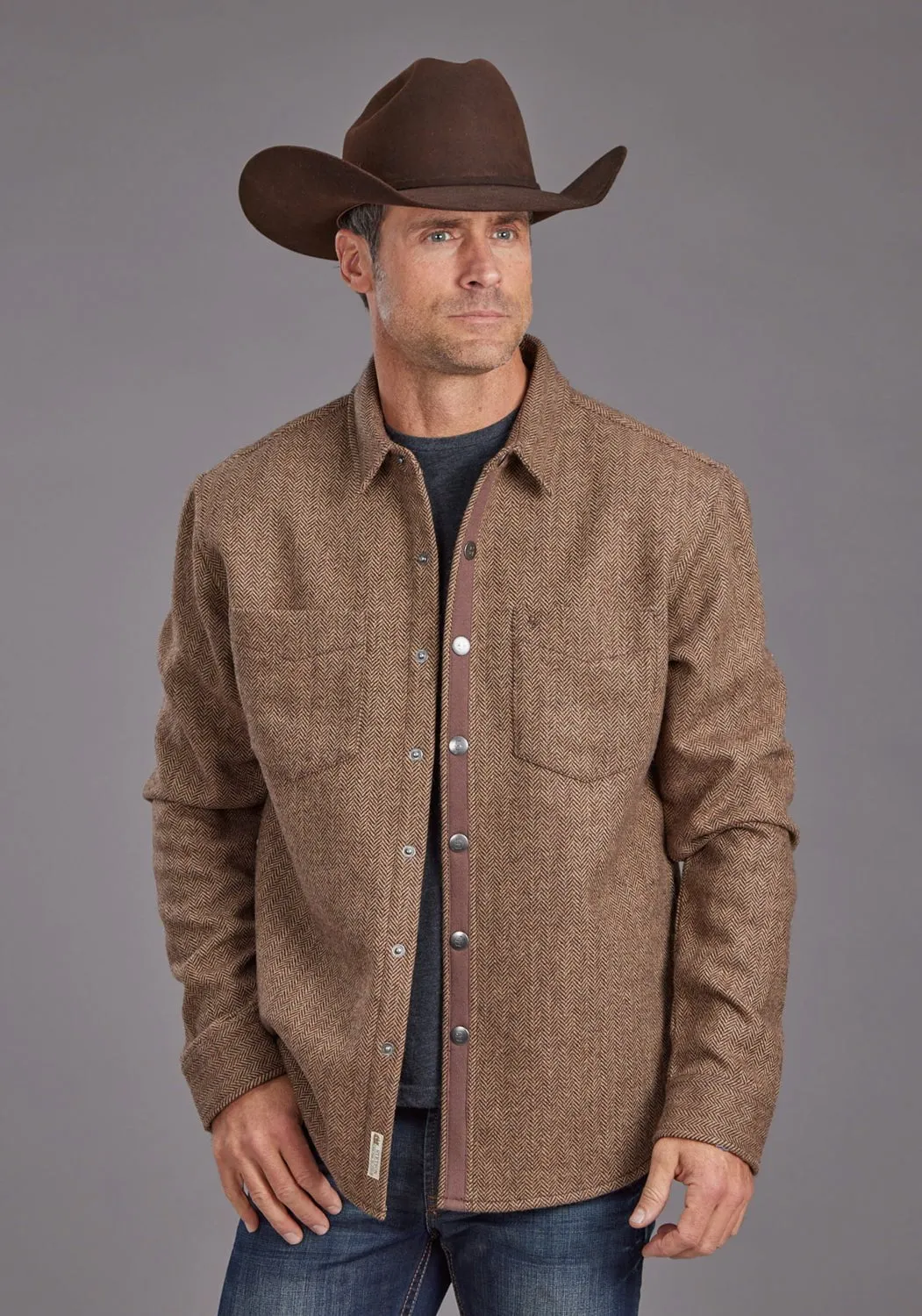 Stetson Mens Herringbone Jacket Brown Poly/Wool L/S Shirt