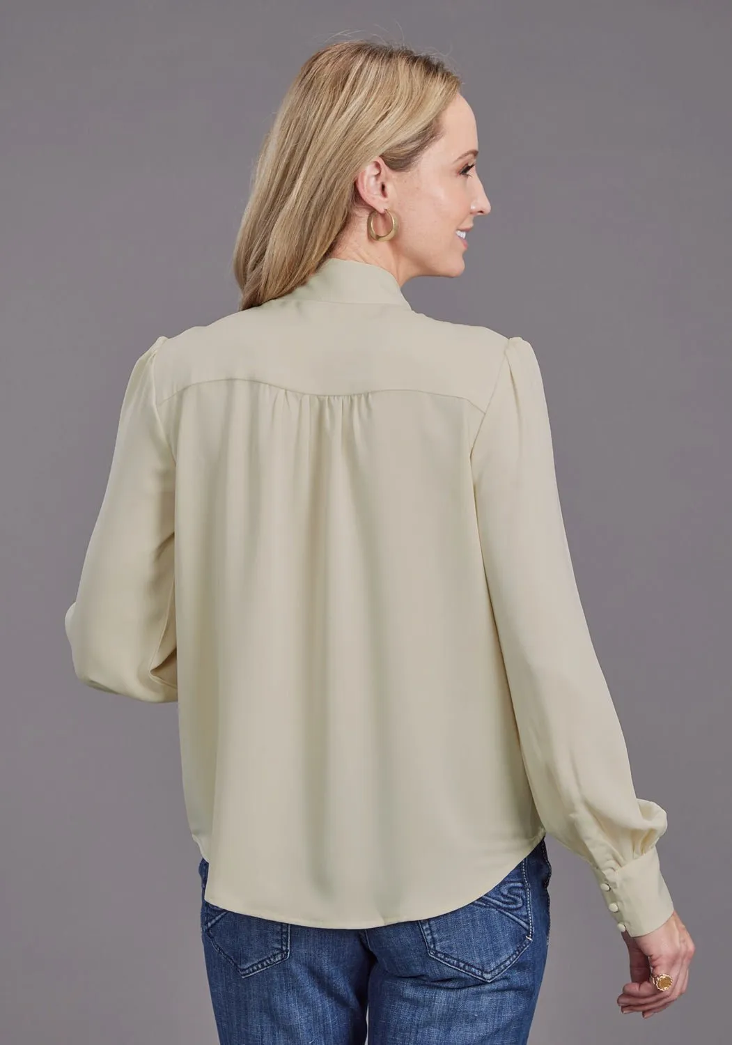 Stetson Womens Button Satin Cream 100% Polyester L/S Blouse