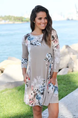 Stone Floral 3/4 Sleeve Shift Dress