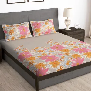 Story@Home Bedsheet for Double Bed Microfiber Floral Design | Double Size Bedsheet with 2 Pillow Cover | 180 TC (225 x 250 cm, Beige & Pink) | Perfect for Festive Gifting bedsheet