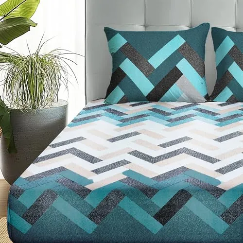 Story@Home Elegance and Comfort Glaze Cotton, Microfiber 240 TC All Season Boho Collection Printed Double Bedsheet Set with King Size Pillow Covers- 225CM X 250CM- Cyan Blue & White