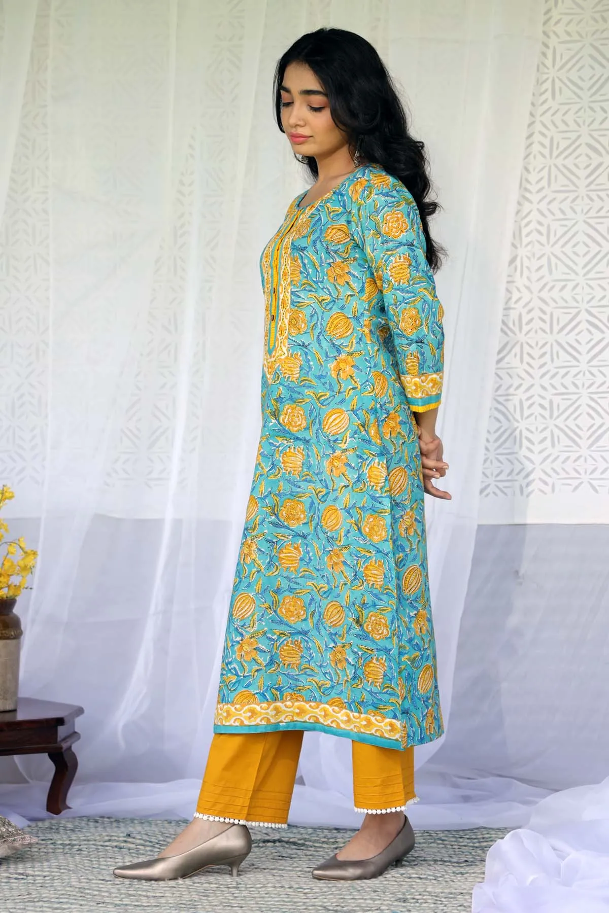 Straight Fit Hand Block Printed Kurta In Firozi Blue Color