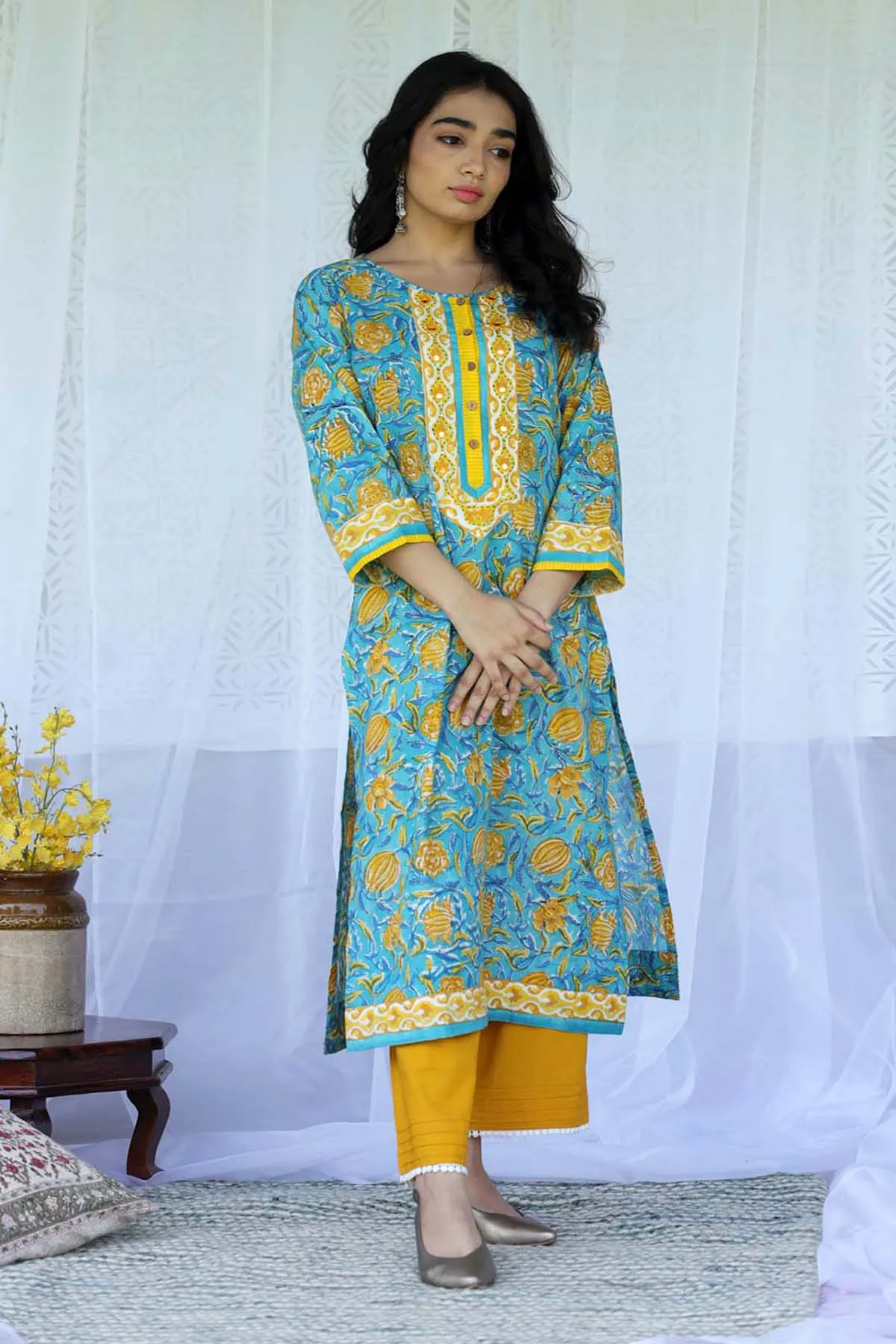 Straight Fit Hand Block Printed Kurta In Firozi Blue Color