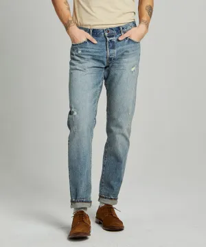 Straight Fit Japanese Stretch Selvedge Jean in Destroyed Medium Indigo