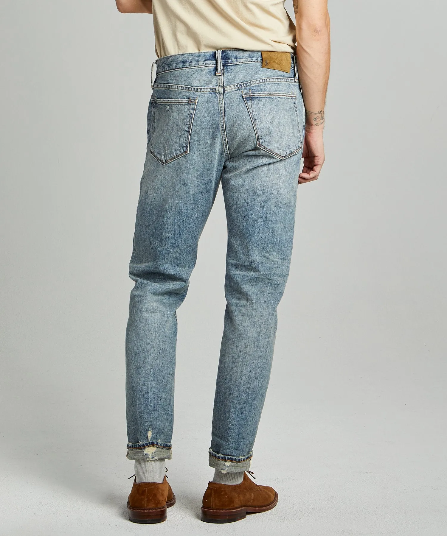 Straight Fit Japanese Stretch Selvedge Jean in Destroyed Medium Indigo