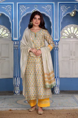 Straight Fit Kurta/Dupatta Set In Olive Green Color