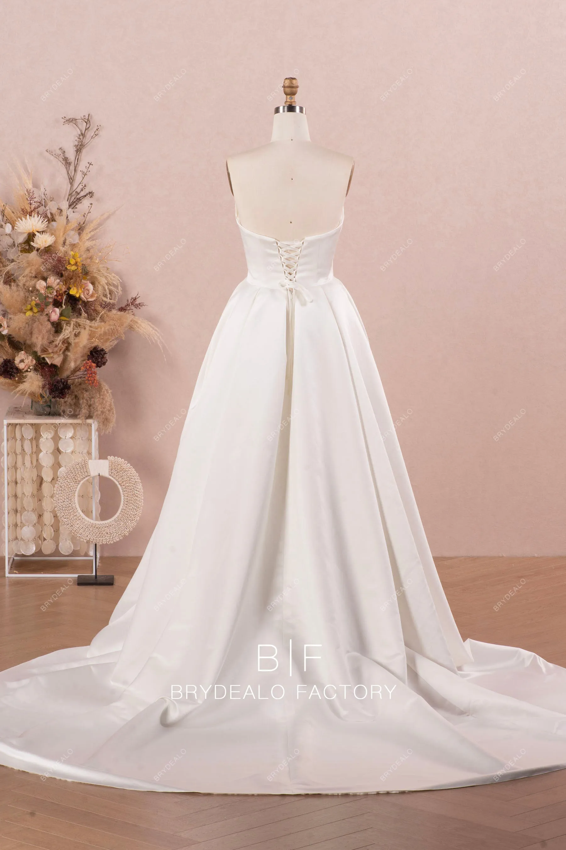 Strapless Designer Satin Destination Wedding Ball Gown with Pocket