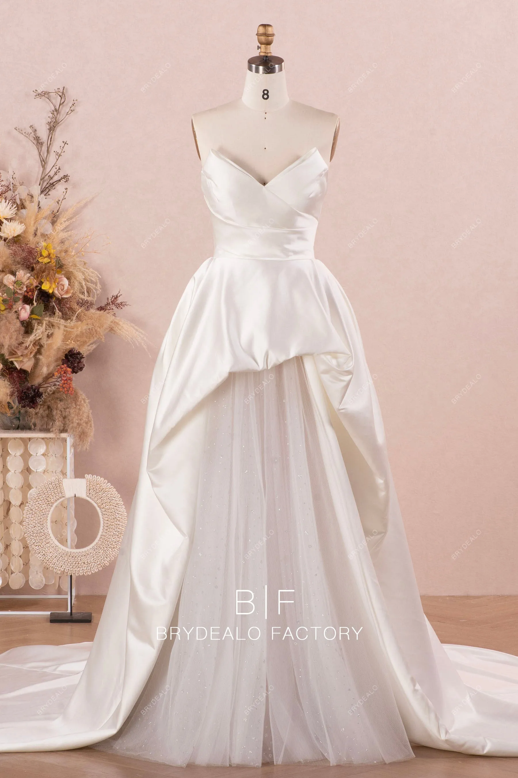 Strapless Designer Satin Destination Wedding Ball Gown with Pocket