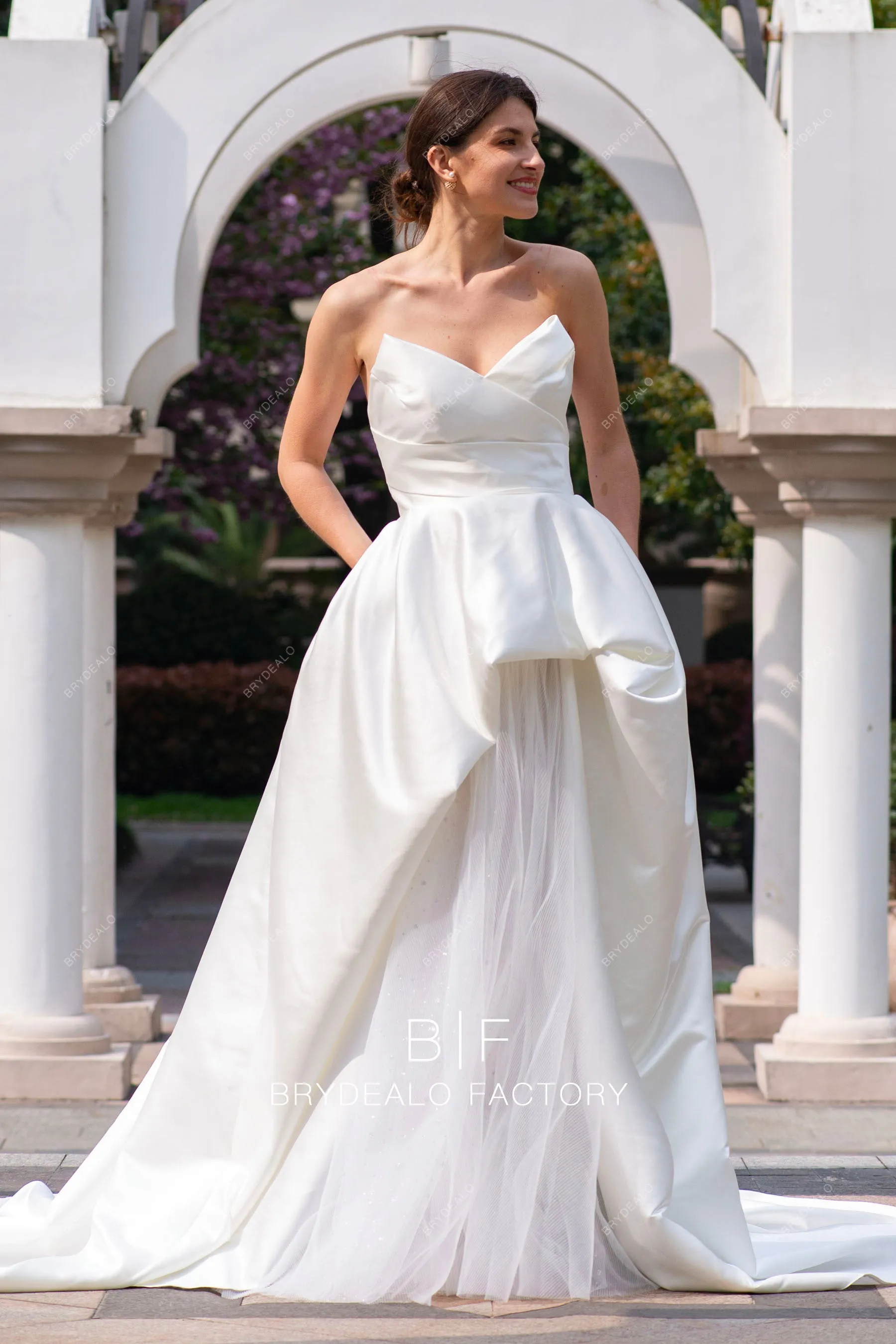 Strapless Designer Satin Destination Wedding Ball Gown with Pocket