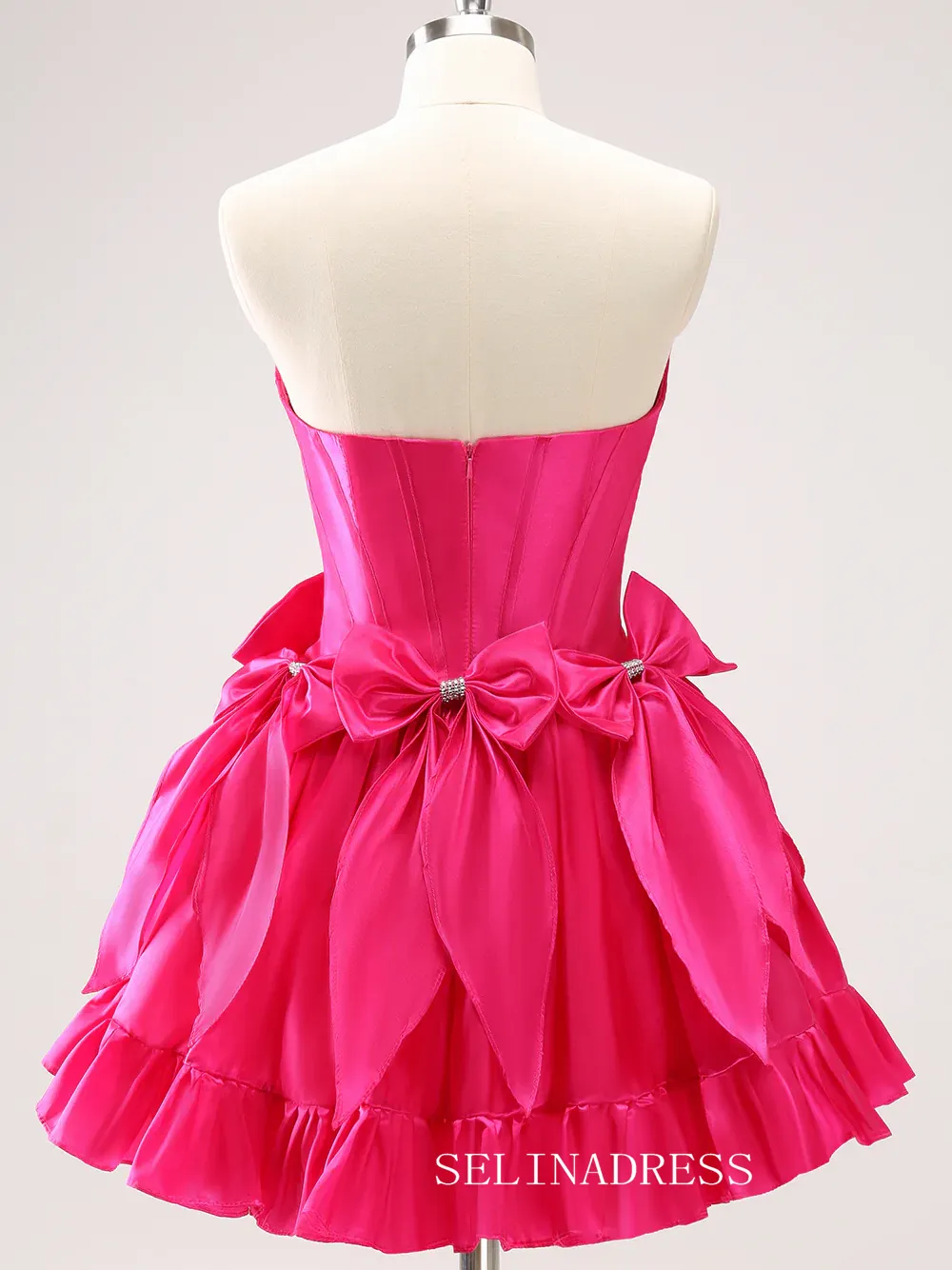 Strapless Hot Pink Homecoming Dresses Cute Bowknot Hoco Dress #TKL2346