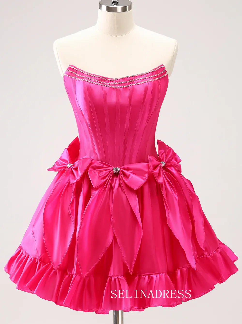 Strapless Hot Pink Homecoming Dresses Cute Bowknot Hoco Dress #TKL2346