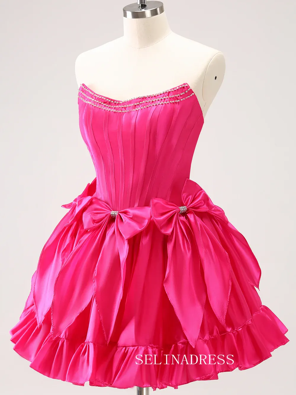 Strapless Hot Pink Homecoming Dresses Cute Bowknot Hoco Dress #TKL2346