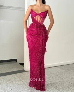 Strapless Mermaid Prom Dress Sleeveless Fuchsia Wedding Dress