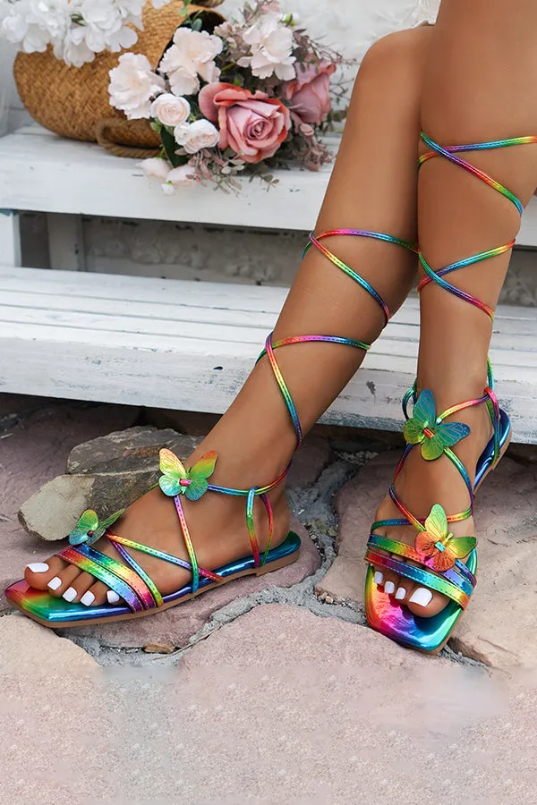 Strappy Colorful Butterfly Flat Roman Shoes