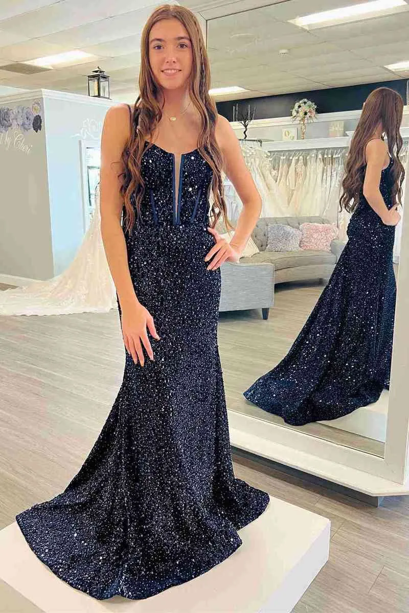 Straps Plunging Neck Navy Sequins Mermaid Prom Dress,Red Evening Gowns