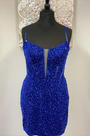 Straps Royal Blue Homecoming Dress, Sequins Bodycon Homecoming Dresses