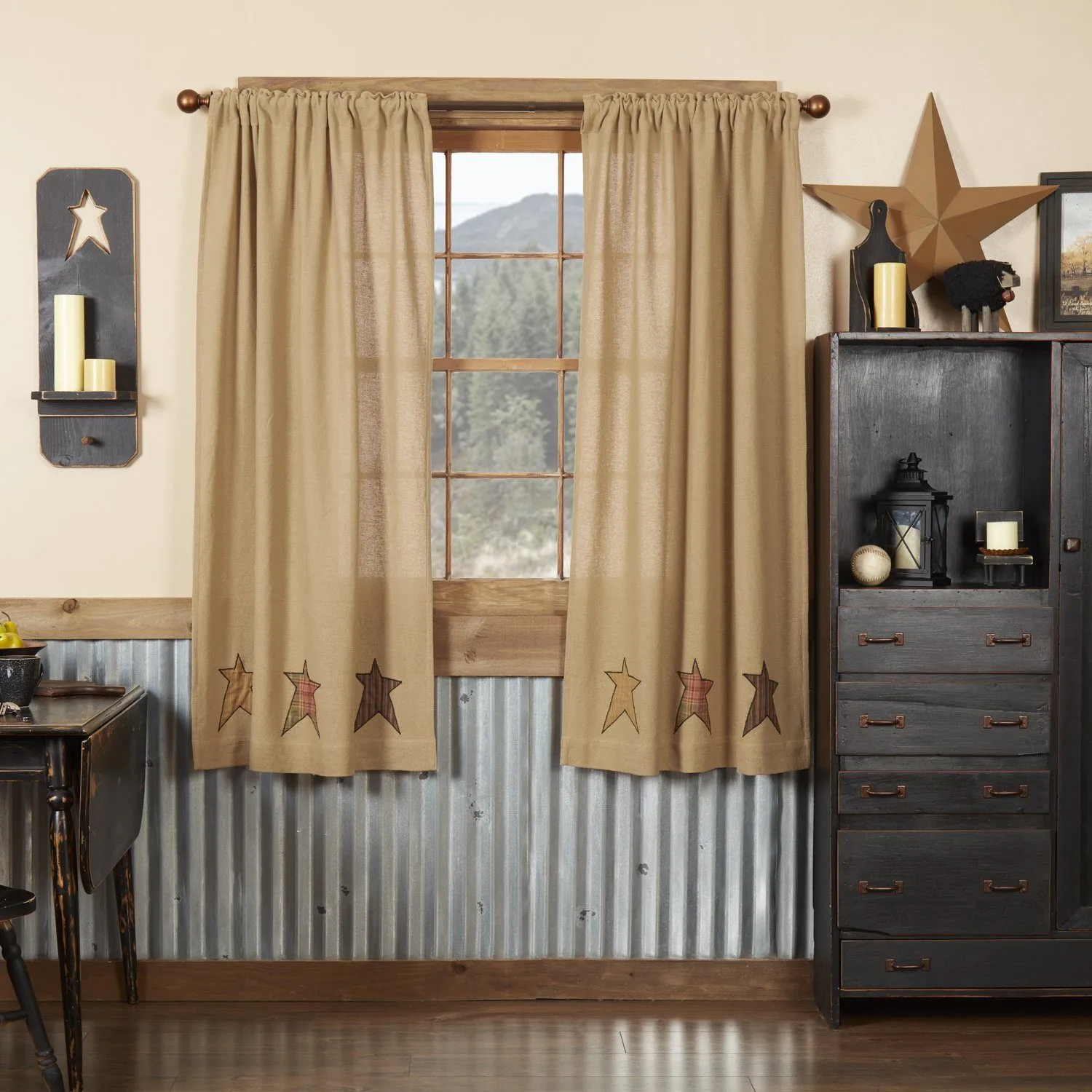 Stratton Burlap Applique Star Short Panel Curtains 63"