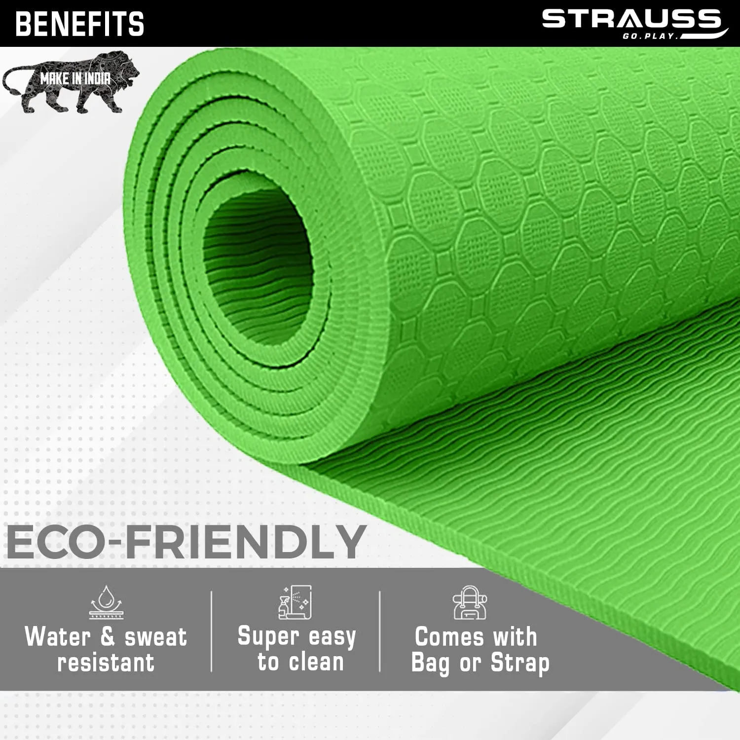 Strauss Anti Skid TPE Yoga Mat with Carry Bag, 8mm, (Green)