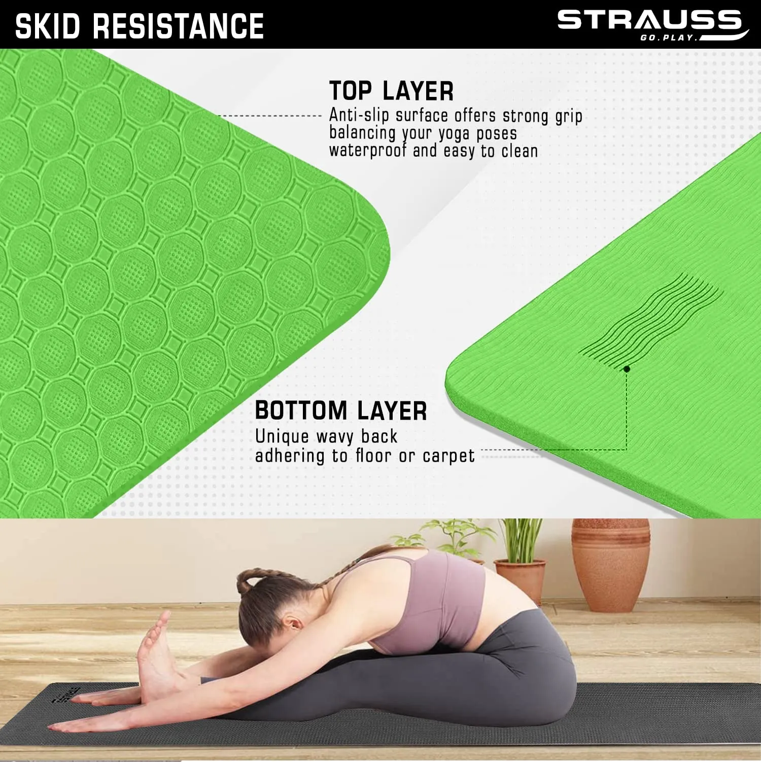 Strauss Anti Skid TPE Yoga Mat with Carry Bag, 8mm, (Green)