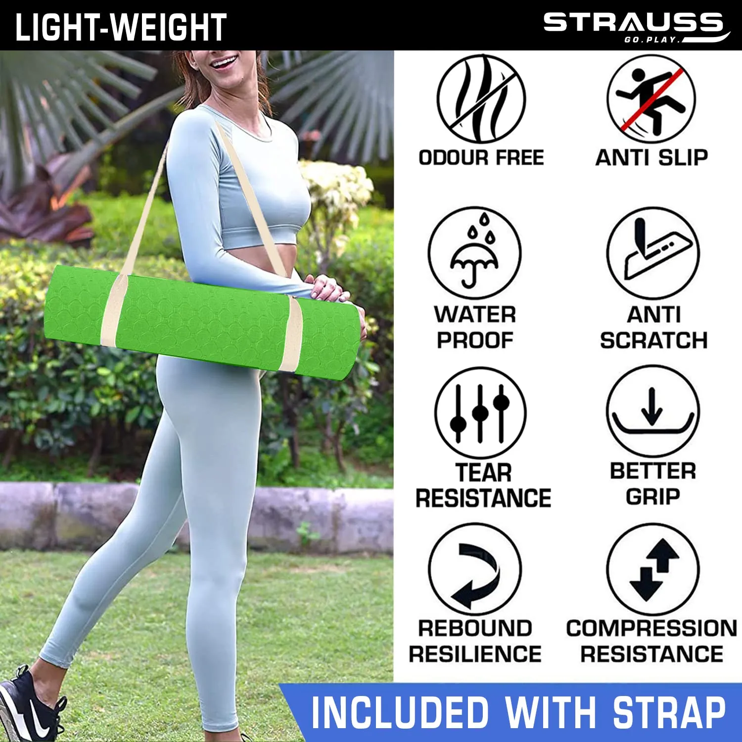 Strauss Anti Skid TPE Yoga Mat with Carry Strap, 4mm, (Green)