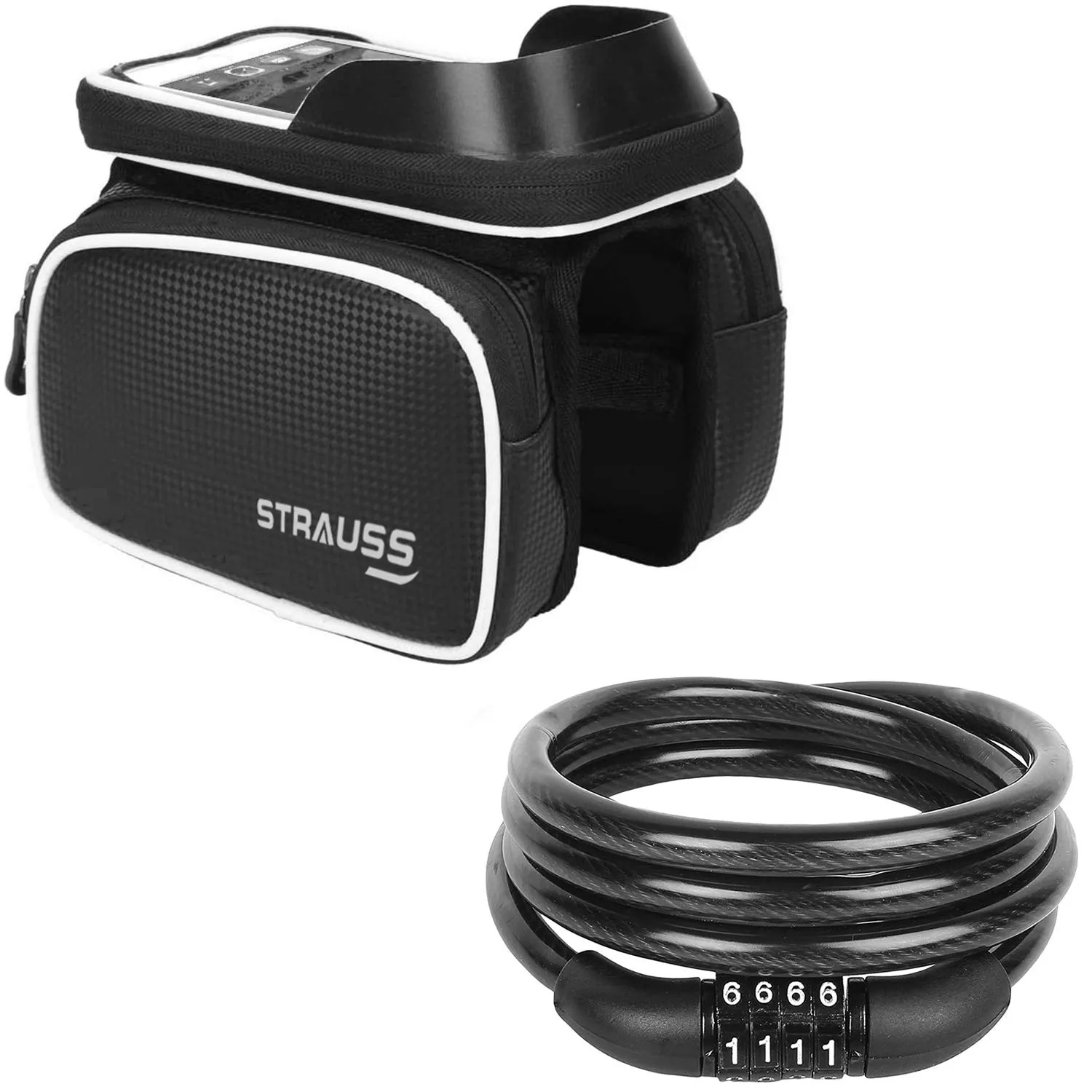 Strauss Bicycle Frame Bag, (Black) and Cycle/Bicycle/Helmet Multi Purpose Number Lock, (Black)