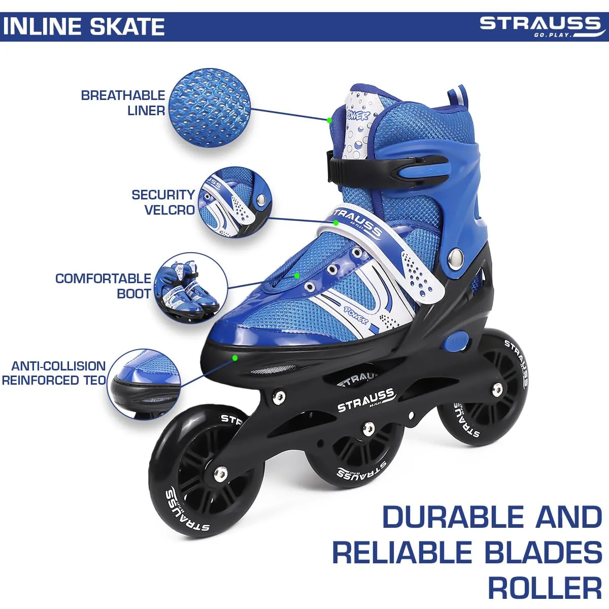 STRAUSS Blaze Adjustable Size Inline Skates | Skating Shoes for Boys & Girls | 3 Wheels |Beginner-Friendly Skating Shoe | Adjustable Roller Blades | Enhanced Stability and Support| Size M,(Blue)