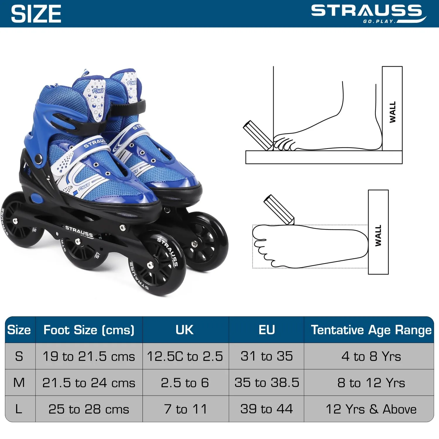 STRAUSS Blaze Adjustable Size Inline Skates | Skating Shoes for Boys & Girls | 3 Wheels |Beginner-Friendly Skating Shoe | Adjustable Roller Blades | Enhanced Stability and Support| Size M,(Blue)