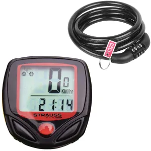 Strauss Cycle/Bicycle/Helmet Multi Purpose Number Lock, (Black) and Bicycle Speedometer, (Black/Red)