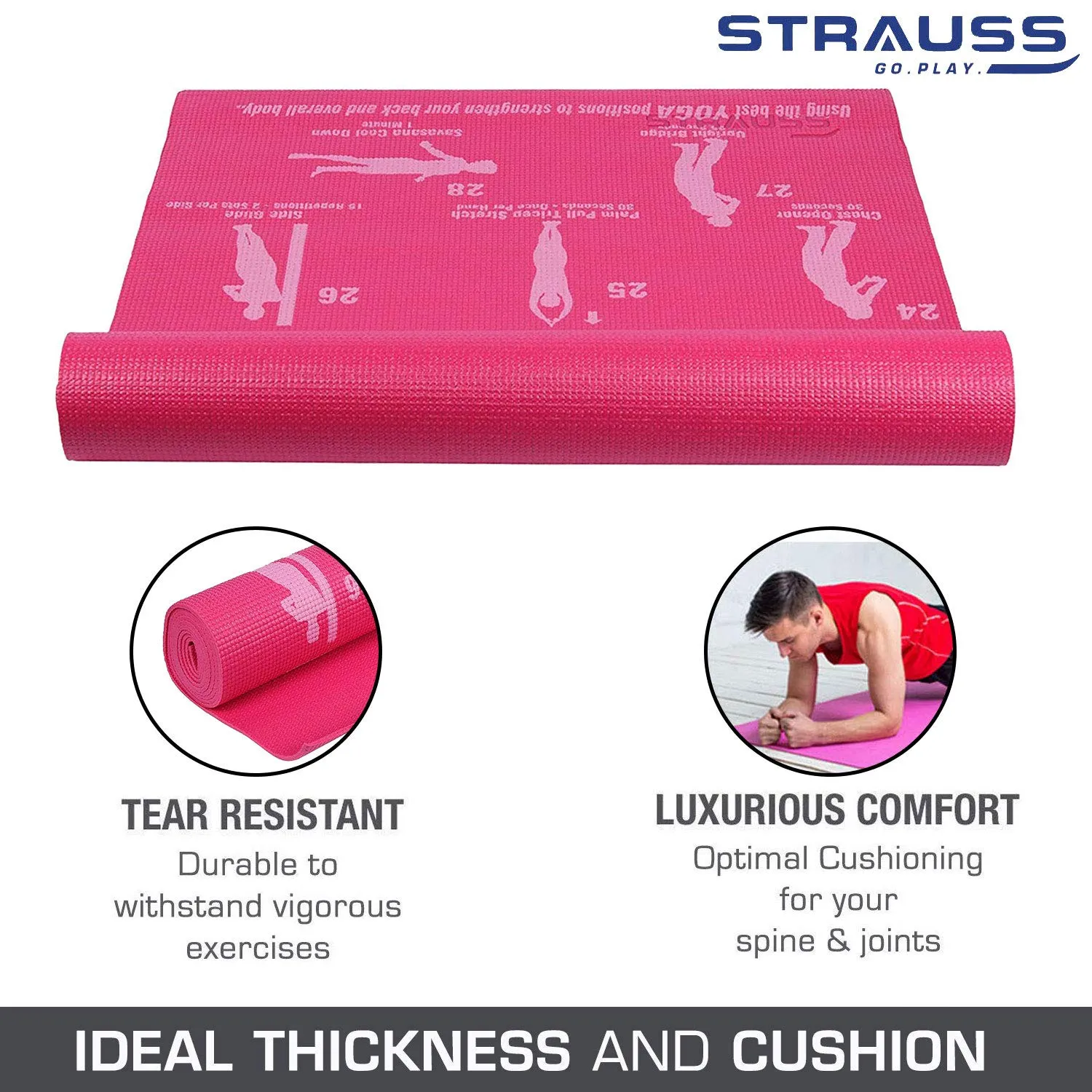 Strauss Eco-Friendly Yoga Mat with Carry Bag | Anti-Slip Exercise Mat with Poses Printed | Ideal for Home & Gym Workouts | 4mm Thick, Pink