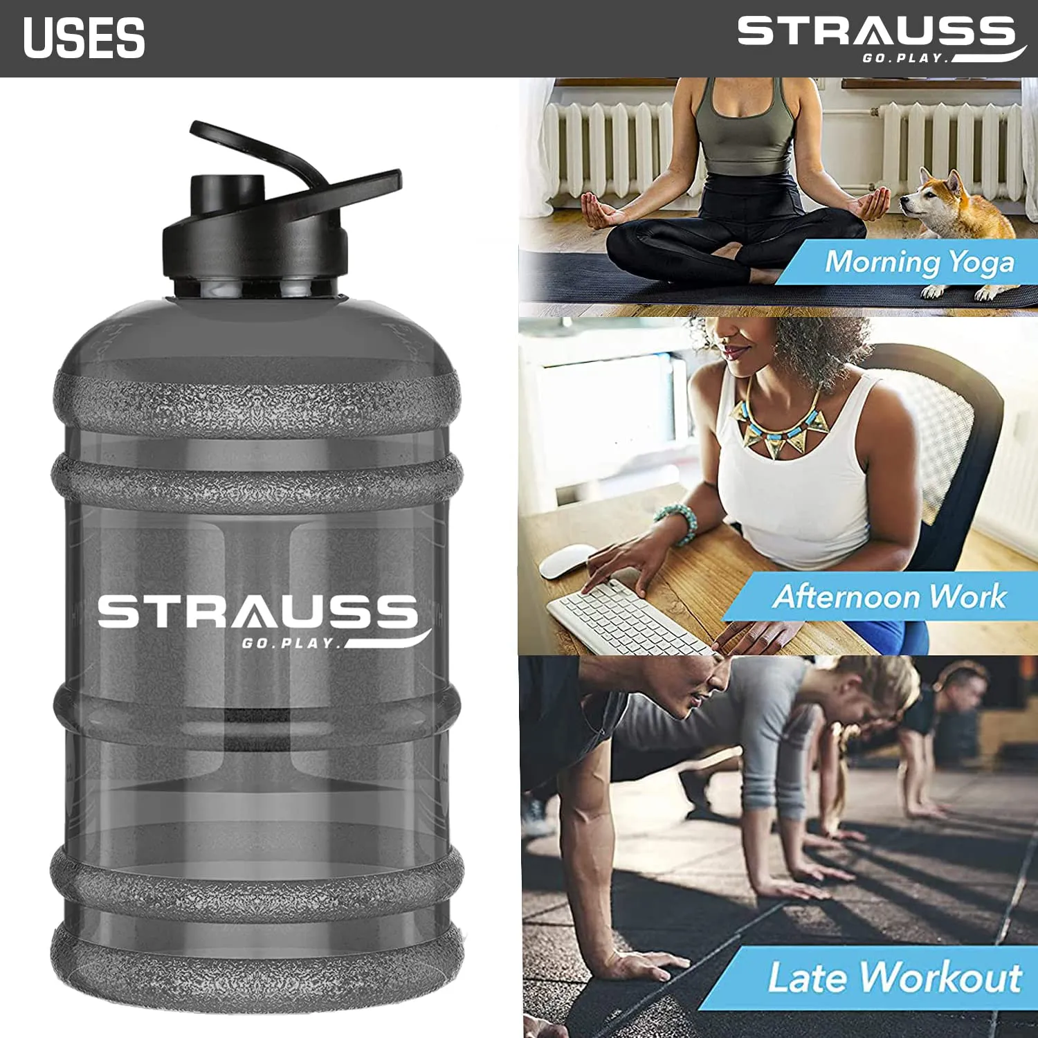 STRAUSS Gallon Shaker Water Bottle 1.5L with Mixer Ball, (Transparent, Black Shade, Plastic, Pack of 1)