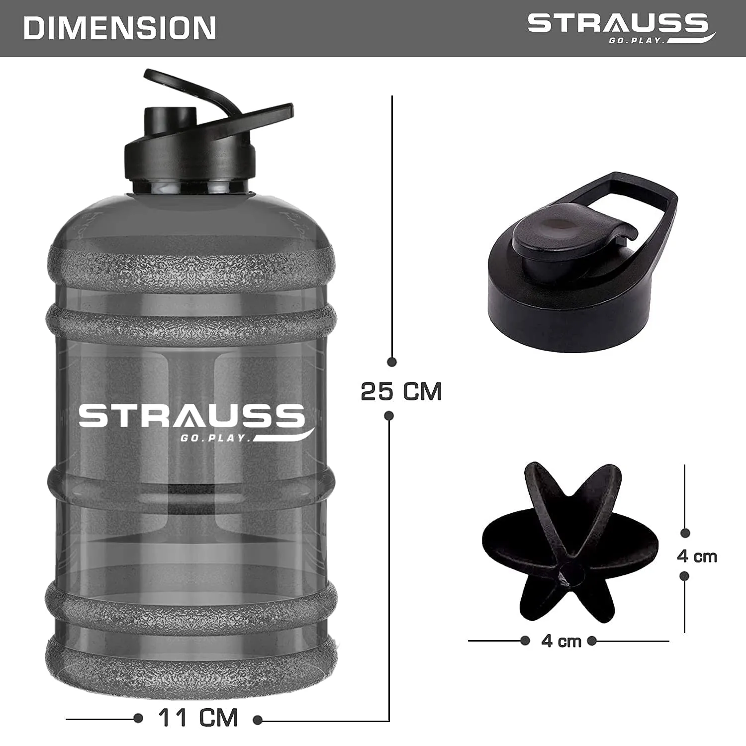 STRAUSS Gallon Shaker Water Bottle 1.5L with Mixer Ball, (Transparent, Black Shade, Plastic, Pack of 1)