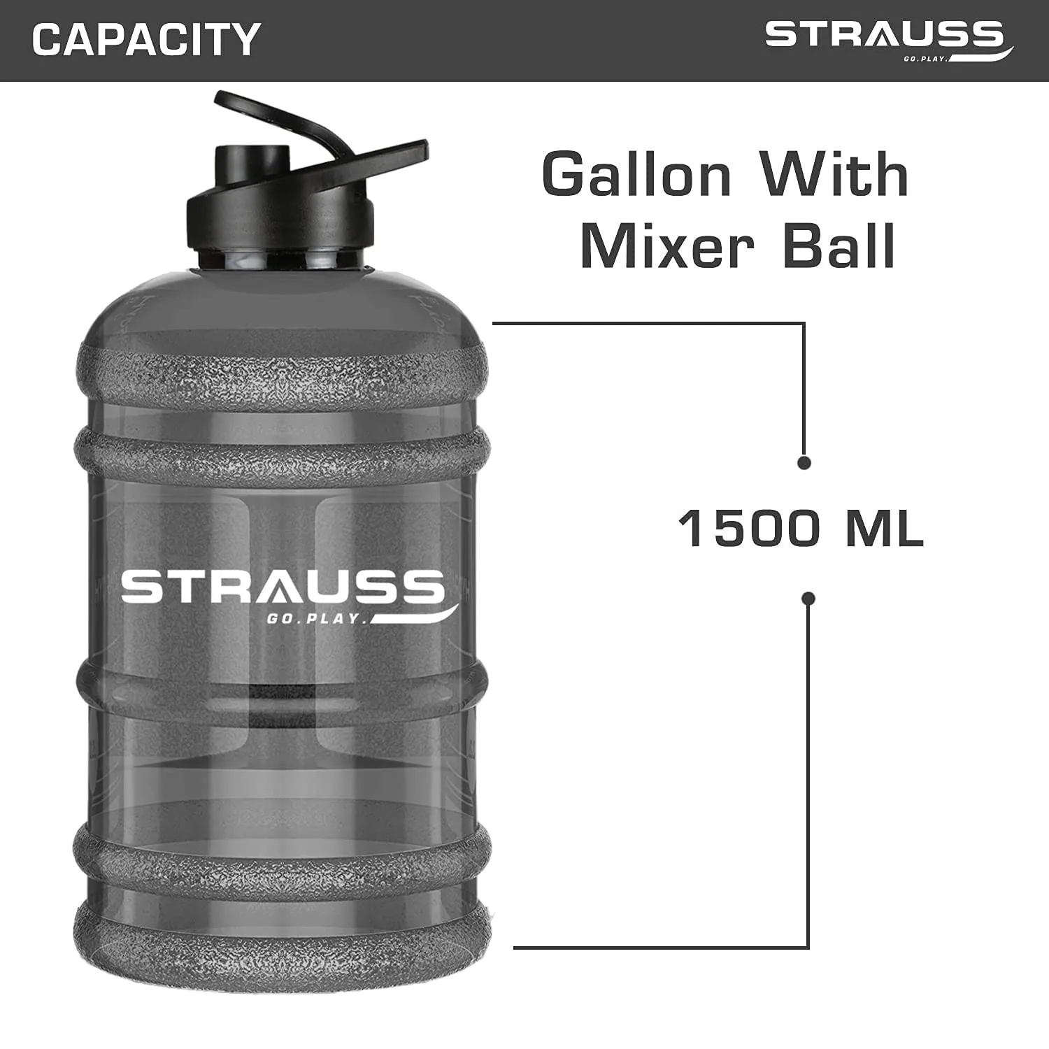 STRAUSS Gallon Shaker Water Bottle 1.5L with Mixer Ball, (Transparent, Black Shade, Plastic, Pack of 1)