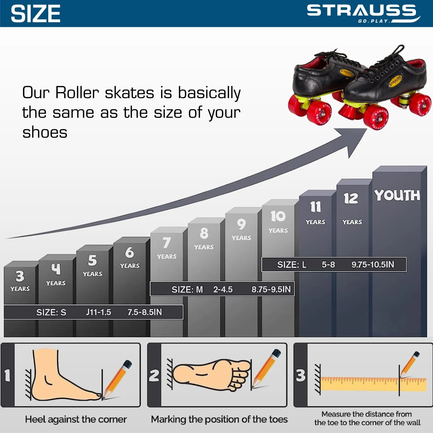 STRAUSS Gripper Skating Shoes | Fixed Body Roller Skates | Shoe Skate with PVC Wheel |Ideal for Boys, Girls and Kids |Suitable for All Skill Level | Ideal for Kids (7-8 Years), Size-13,(Red/Black)