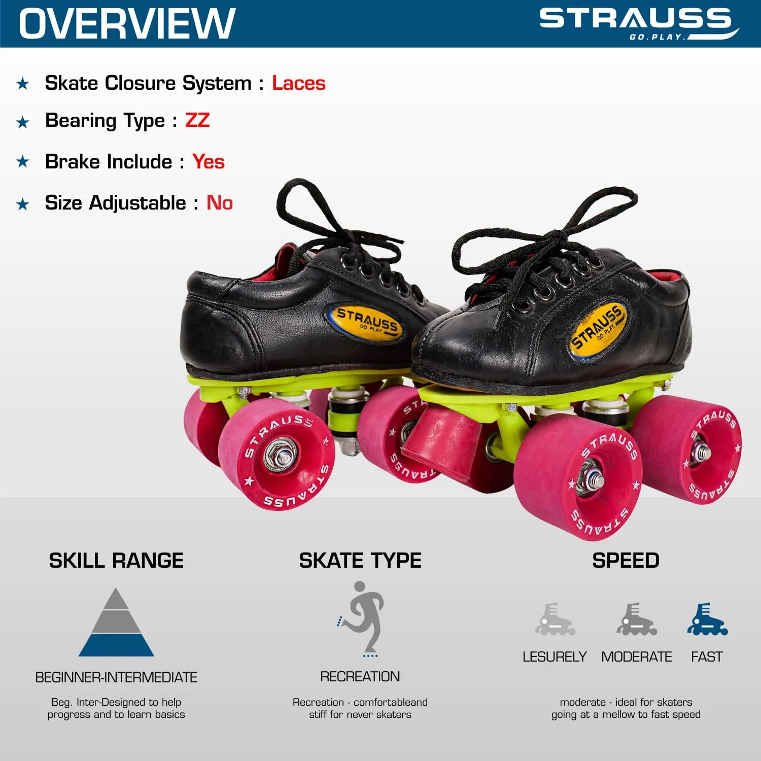 STRAUSS Gripper Skating Shoes | Fixed Body Roller Skates | Shoe Skate With Rubber Wheel |Ideal For Boys, Girls and Kids |Suitable For All Skill Level | Ideal For Seniors (15 Years Above) ,Size-9, (Red/Black)