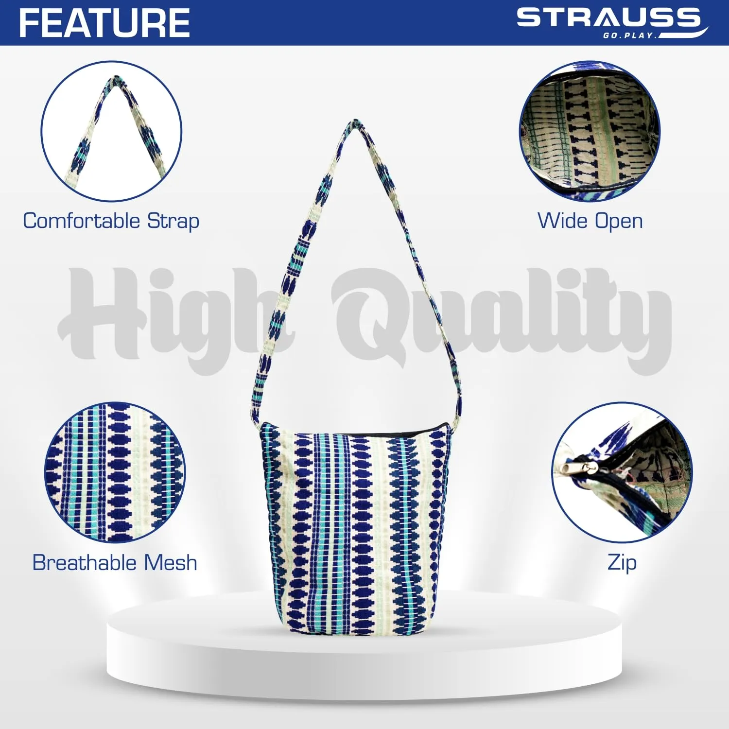 Strauss Jacquard Gym Bag | for Both Men and Women |Breathable, Durable and Long- Lasting| Suitable for Travel, Gym and Yoga Classes| Eco- Friendly and Washable |(Blue Pattern)