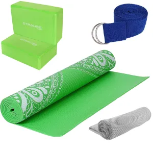 Strauss Meditation Butterfly Yoga Mat, 5 mm, (Green), Yoga Block (Green), Pair, Anti-Microbial Sports Cooling Towel(Grey) and Yoga Belt, 8 Feet, (Blue)