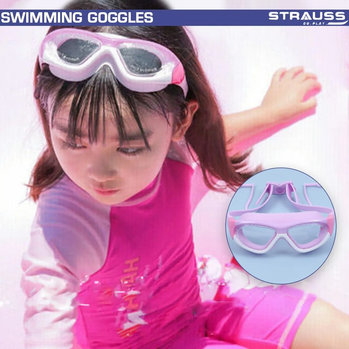 STRAUSS Swimming Goggles | Anti Fog & UV Protection | Swimming Goggles for Kids, Adults | Fully Adjustable Swimming Goggles With A Case Cover,(Purple/White)