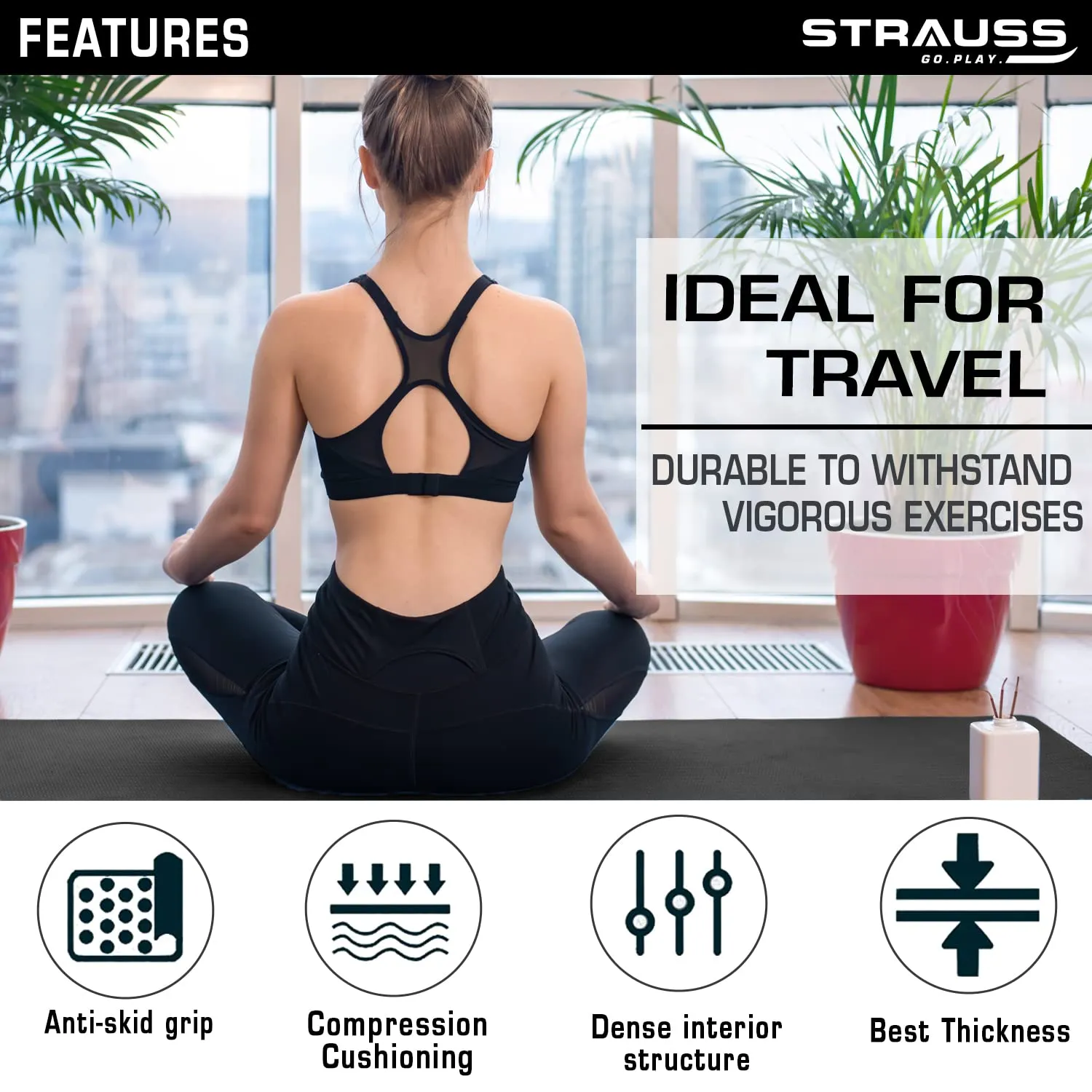 STRAUSS TPE Dual Layer Yoga Mat| Exercise Mat for Yoga,Pilates & Gym| Lightweight & Eco-Friendly Material | Yoga Mat for Women and Men |Ideal for Home Gym Workout |Includes Carry Strap | 4MM,(Black)