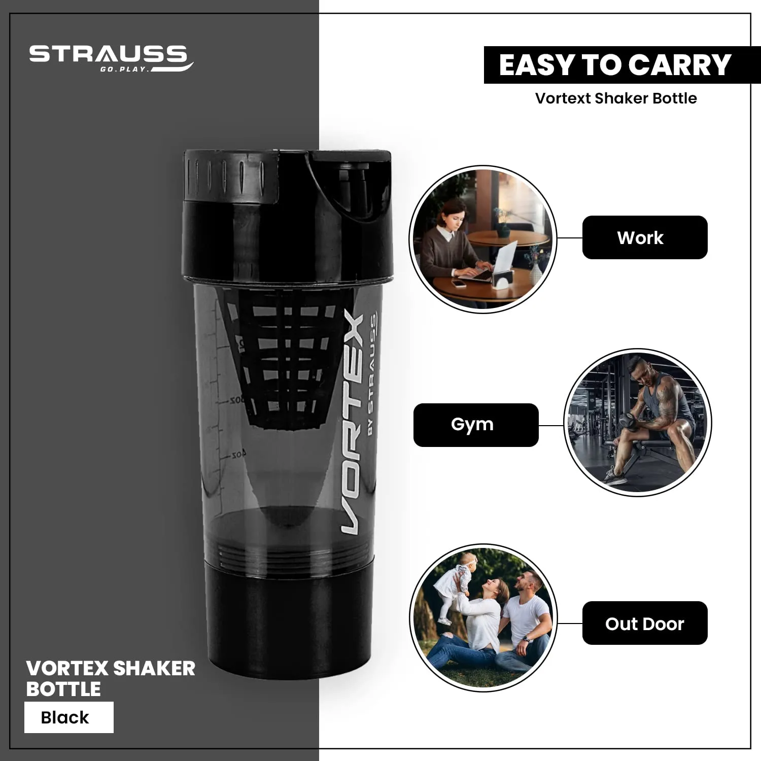 STRAUSS Vortex Shaker Bottle with Two Storage Compartments | 100% BPA- Free Sipper Bottle | Leakproof Shaker For Protein Shake | Ideal Pre Workout and BCAAs| For Both Men and Women | 500ml, (Black)