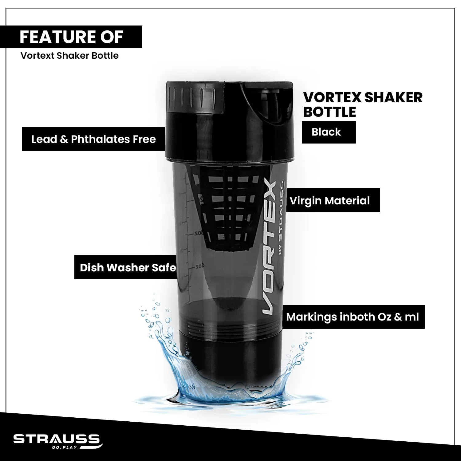 STRAUSS Vortex Shaker Bottle with Two Storage Compartments | 100% BPA- Free Sipper Bottle | Leakproof Shaker For Protein Shake | Ideal Pre Workout and BCAAs| For Both Men and Women | 500ml, (Black)