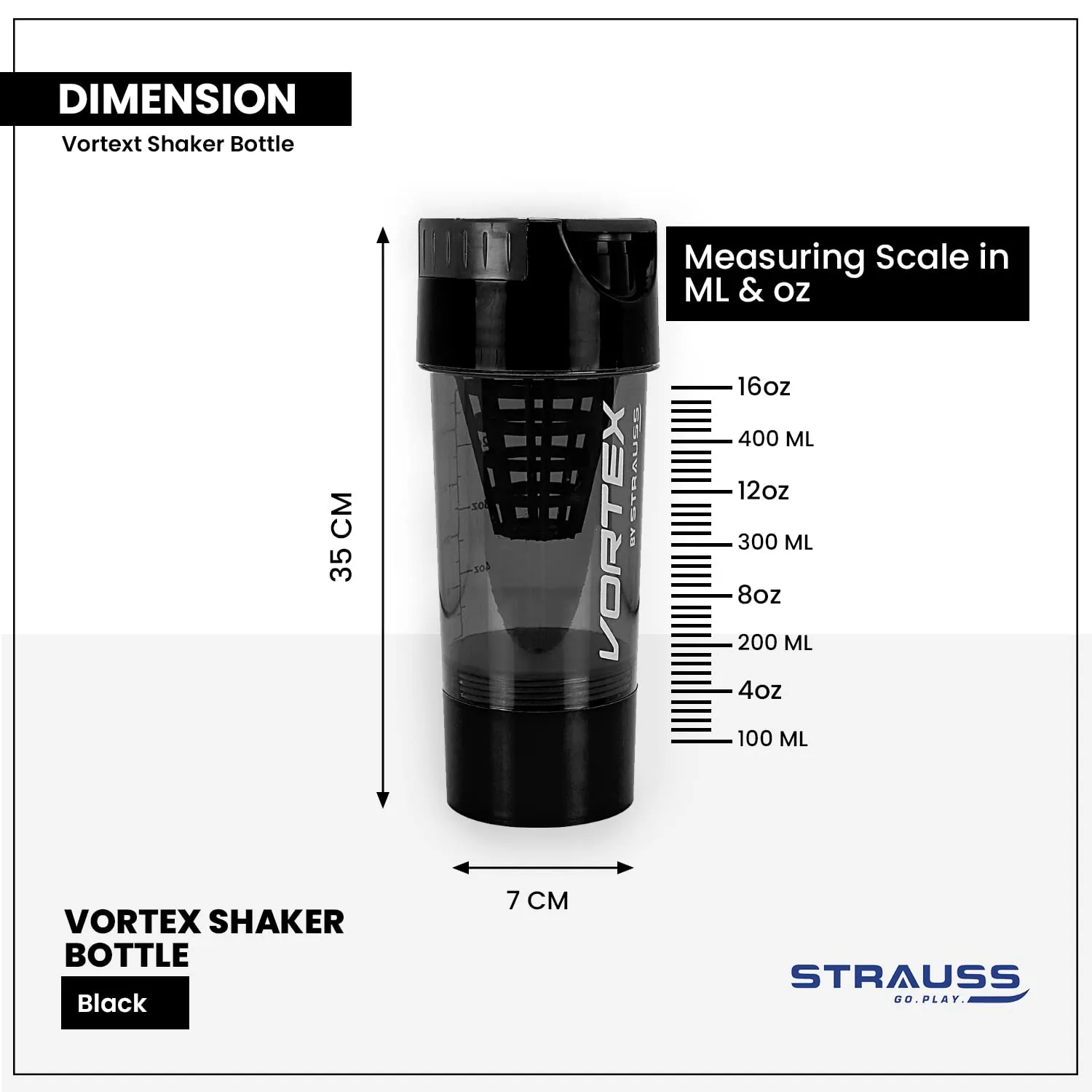 STRAUSS Vortex Shaker Bottle with Two Storage Compartments | 100% BPA- Free Sipper Bottle | Leakproof Shaker For Protein Shake | Ideal Pre Workout and BCAAs| For Both Men and Women | 500ml, (Black)